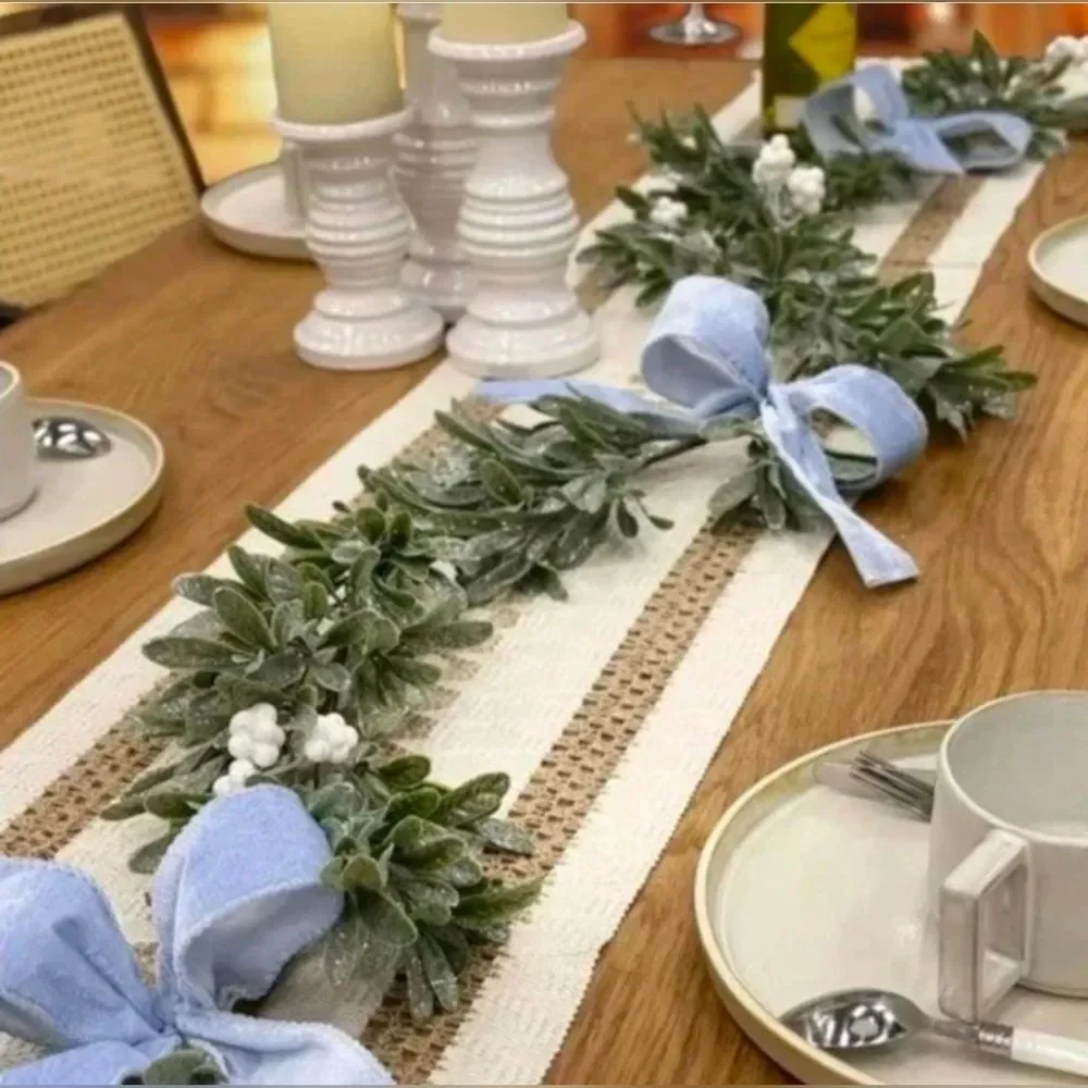 6 Ft Elegant Garland Featuring Blue Bows Greenery White Berries HOLIDAY WEDDING